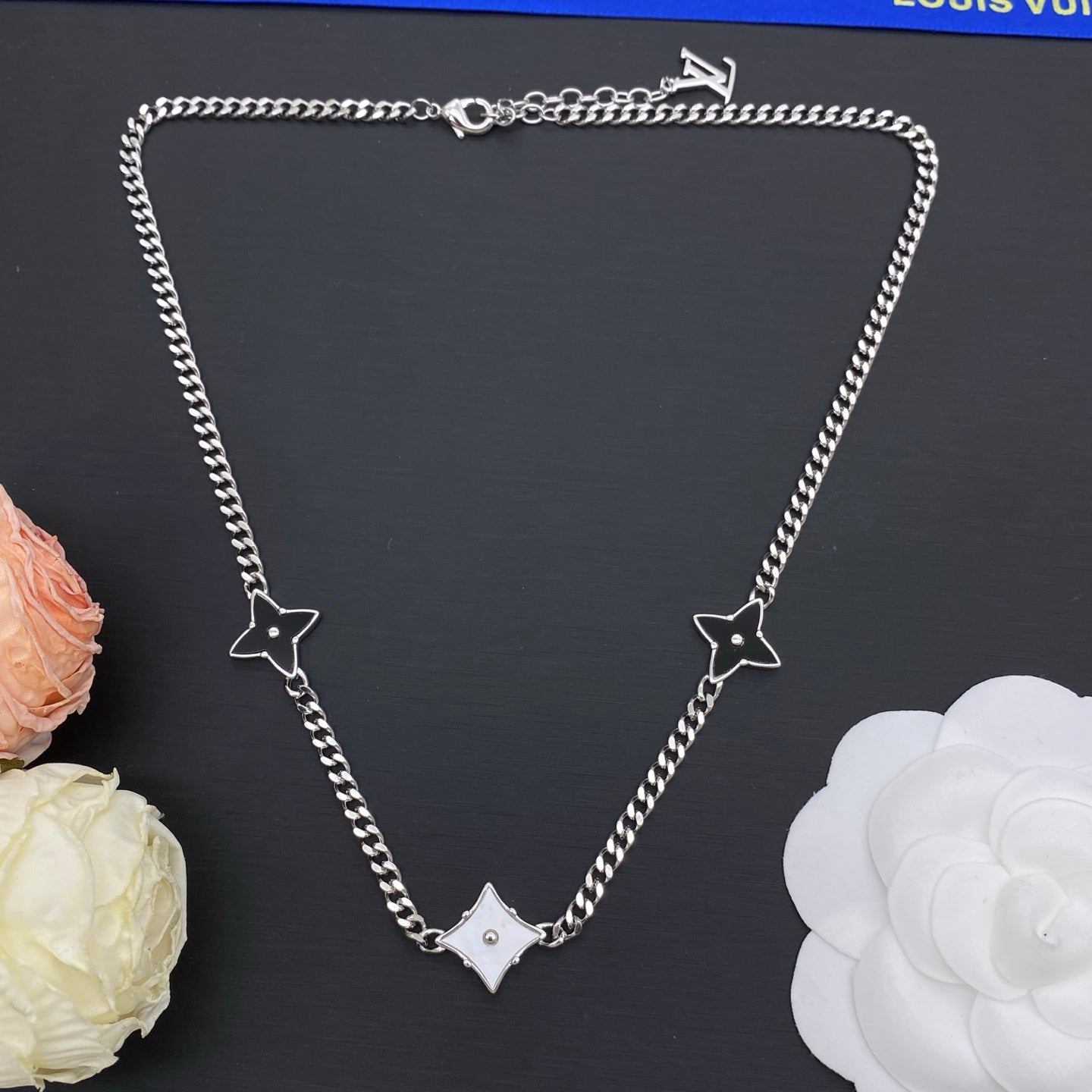 Black & White Enamel Star Flower Cuban Chain Necklace & Bracelet Set