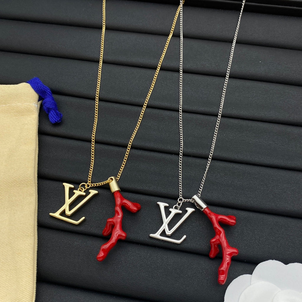 Red Coral Branch Charm Curb Chain Necklace