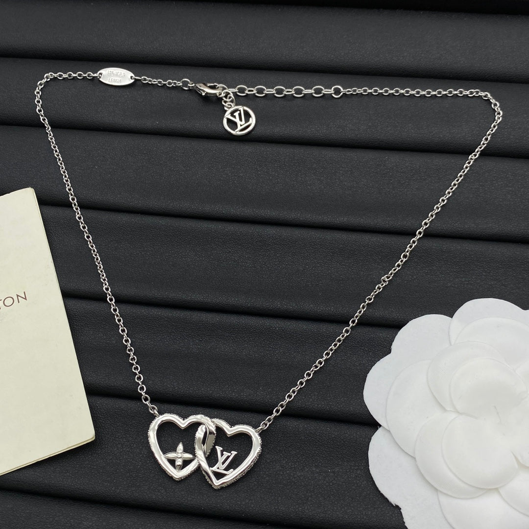 Interlocking Double Open Heart Pendant Cable Chain Necklace