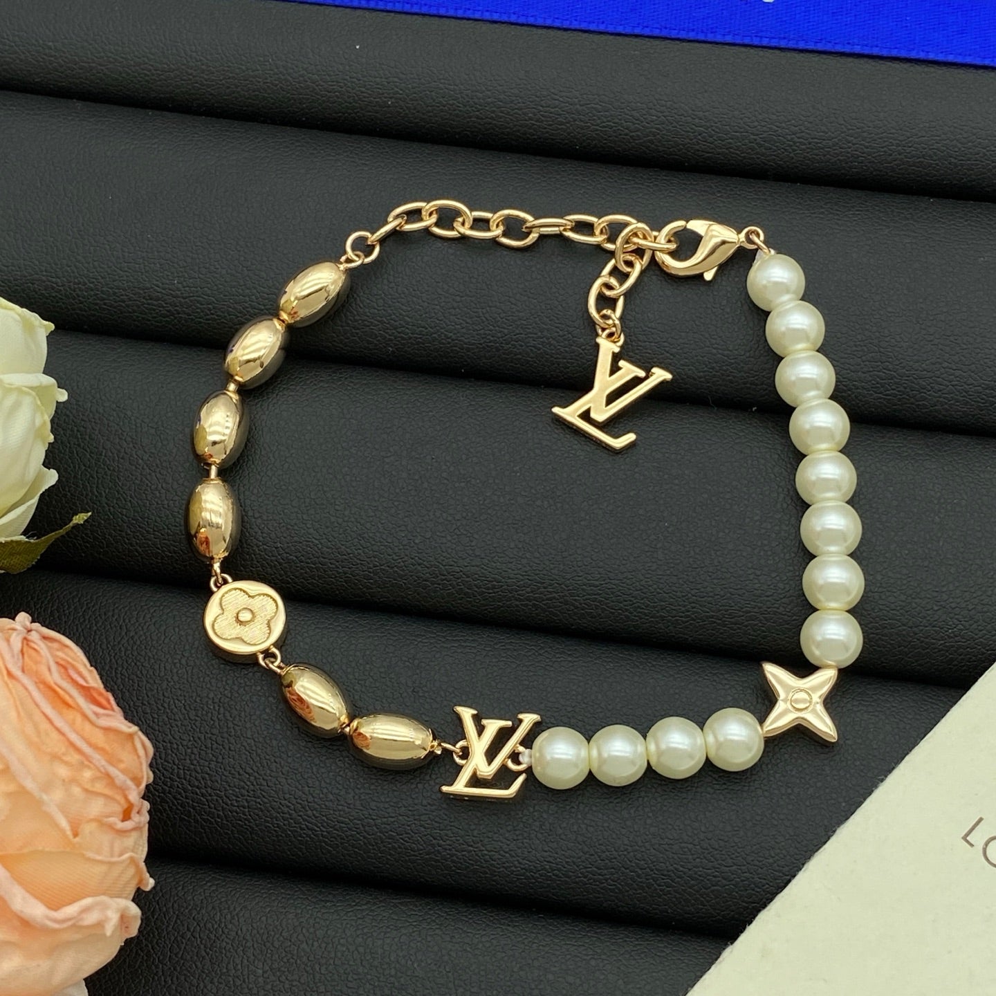 Faux Pearl & Oval Bead Star Flower Charm Necklace & Bracelet Set