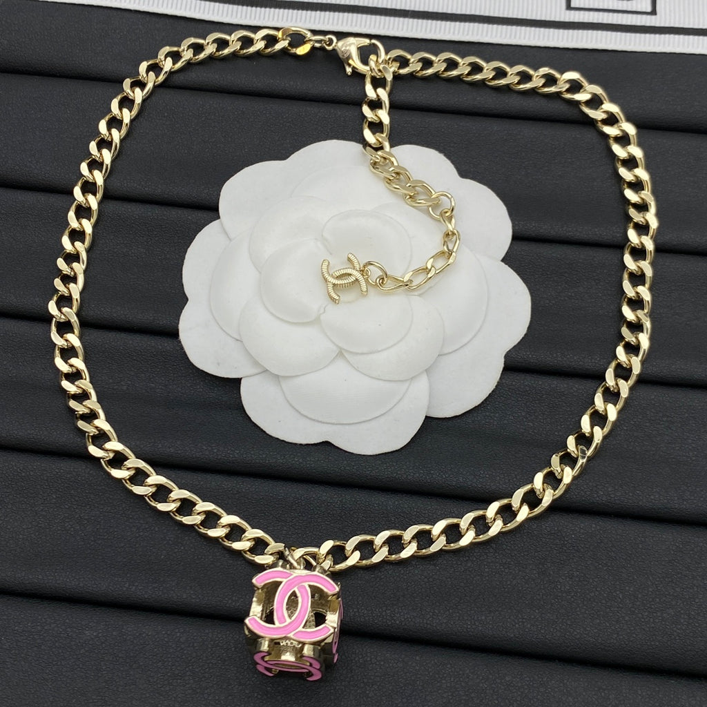 Enamel CC Cylinder Charm Curb Chain Necklace – Pink & White