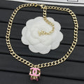 Enamel CC Cylinder Charm Curb Chain Necklace – Pink & White
