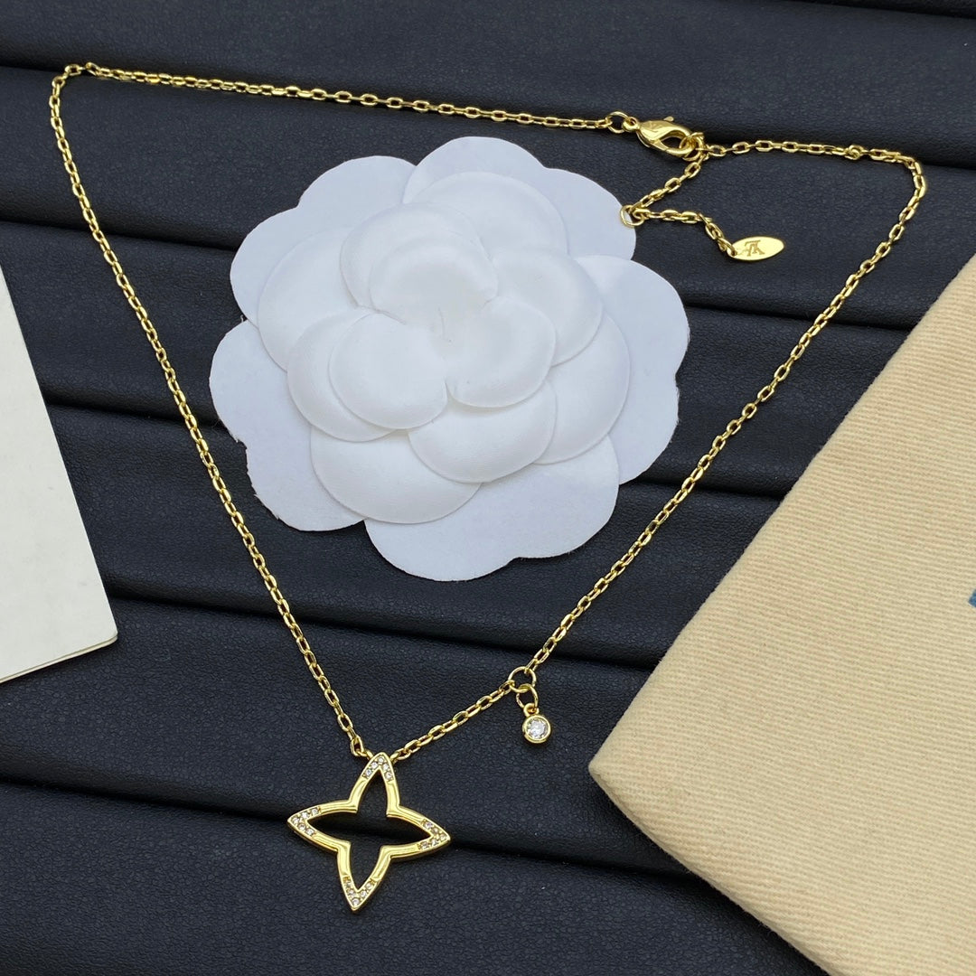 Open Four-Point Star & Solitaire CZ Drop Pendant Cable Chain Necklace