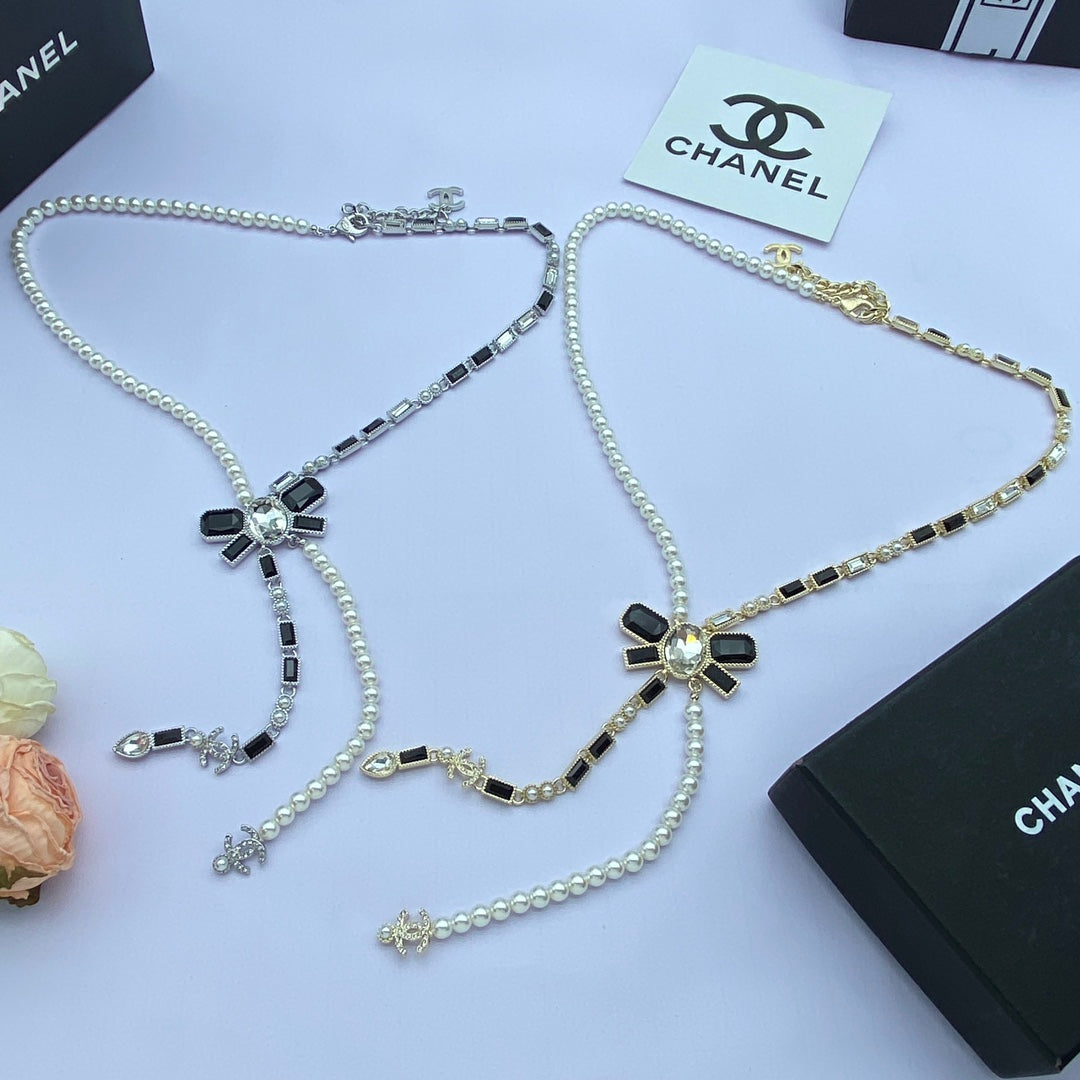 Pearl & Black Crystal Bow CC Tassel Y-Necklace – Gold & Silver