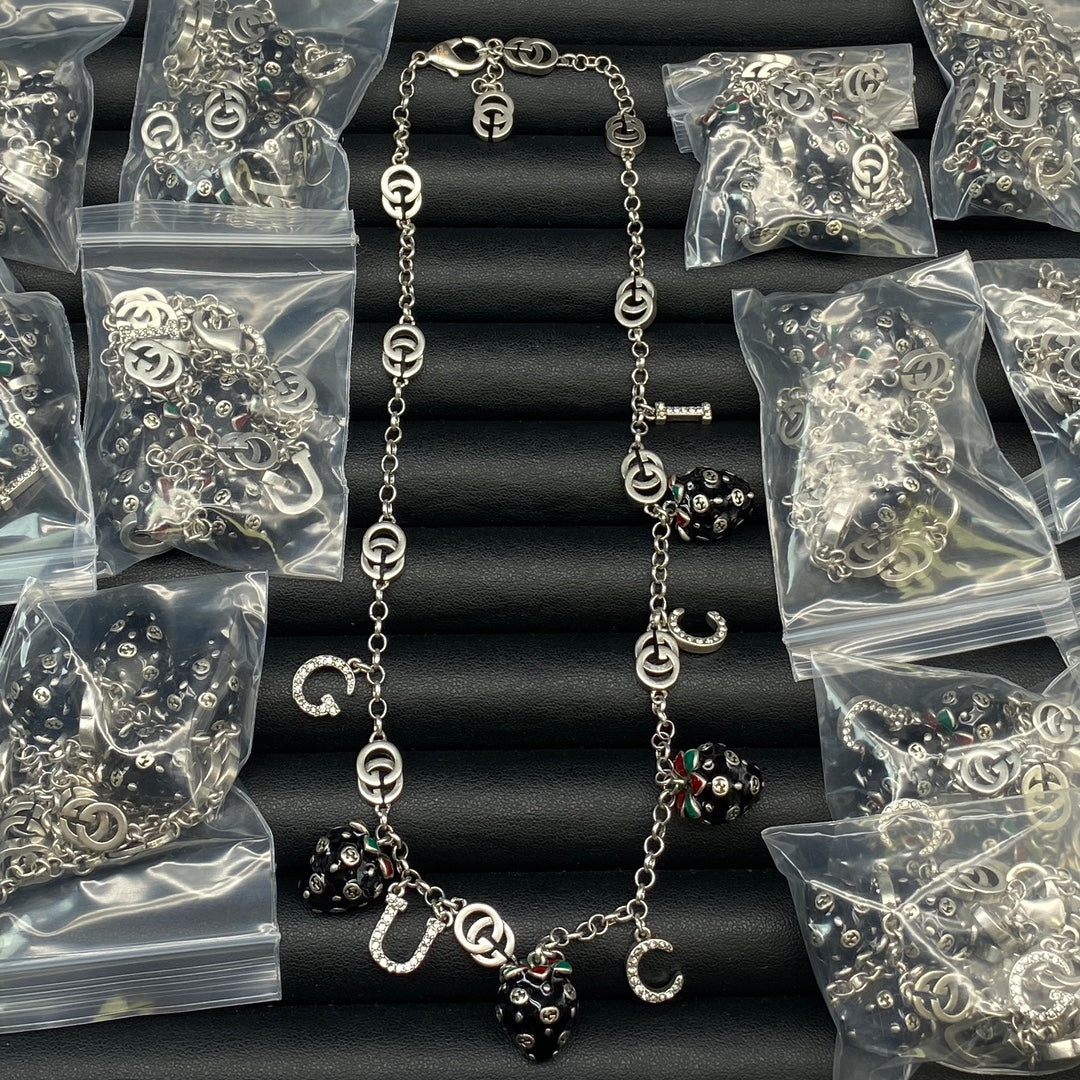 Black Strawberry Jewelry Set with Silver Chain