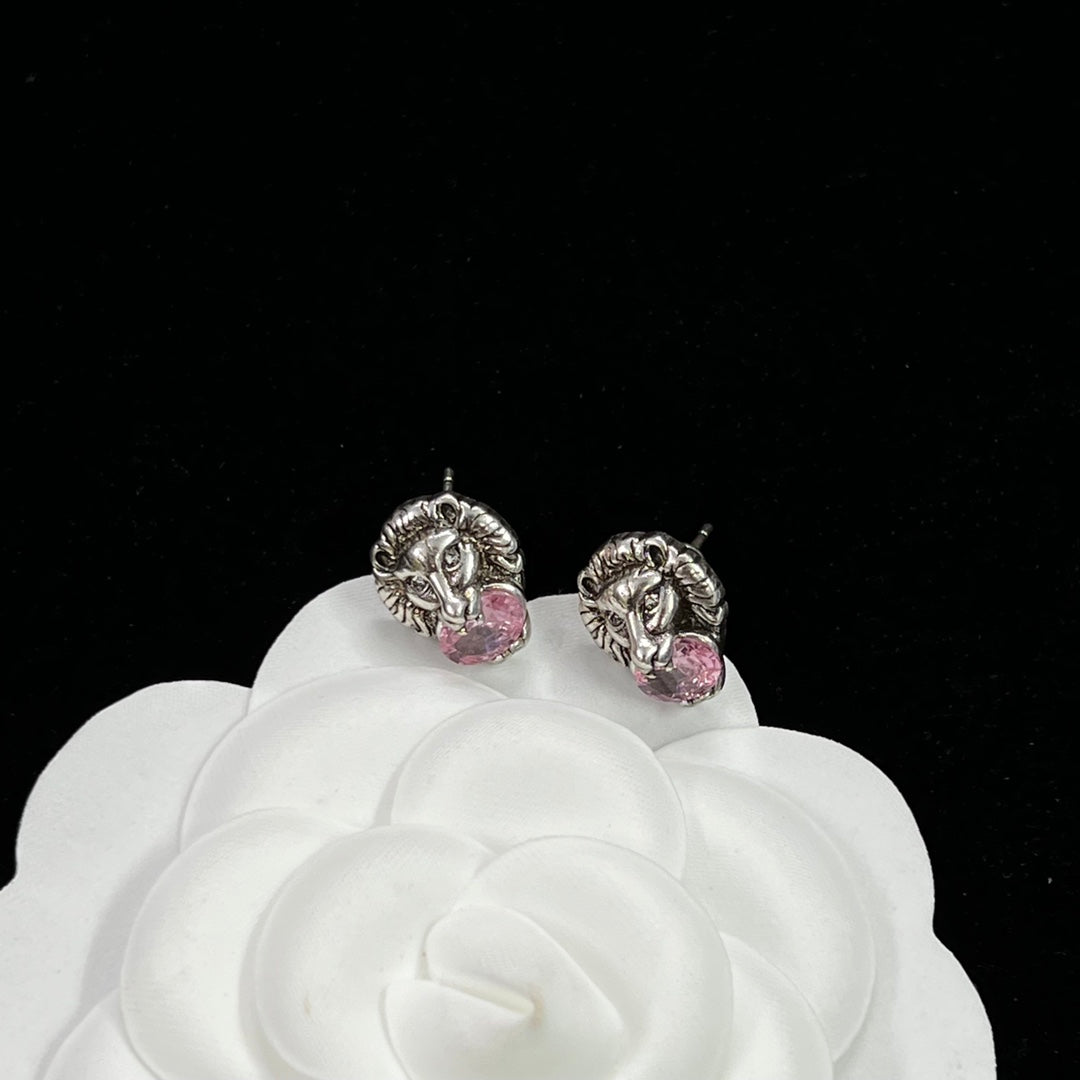 Silver Lion Head Crystal Jewelry Set