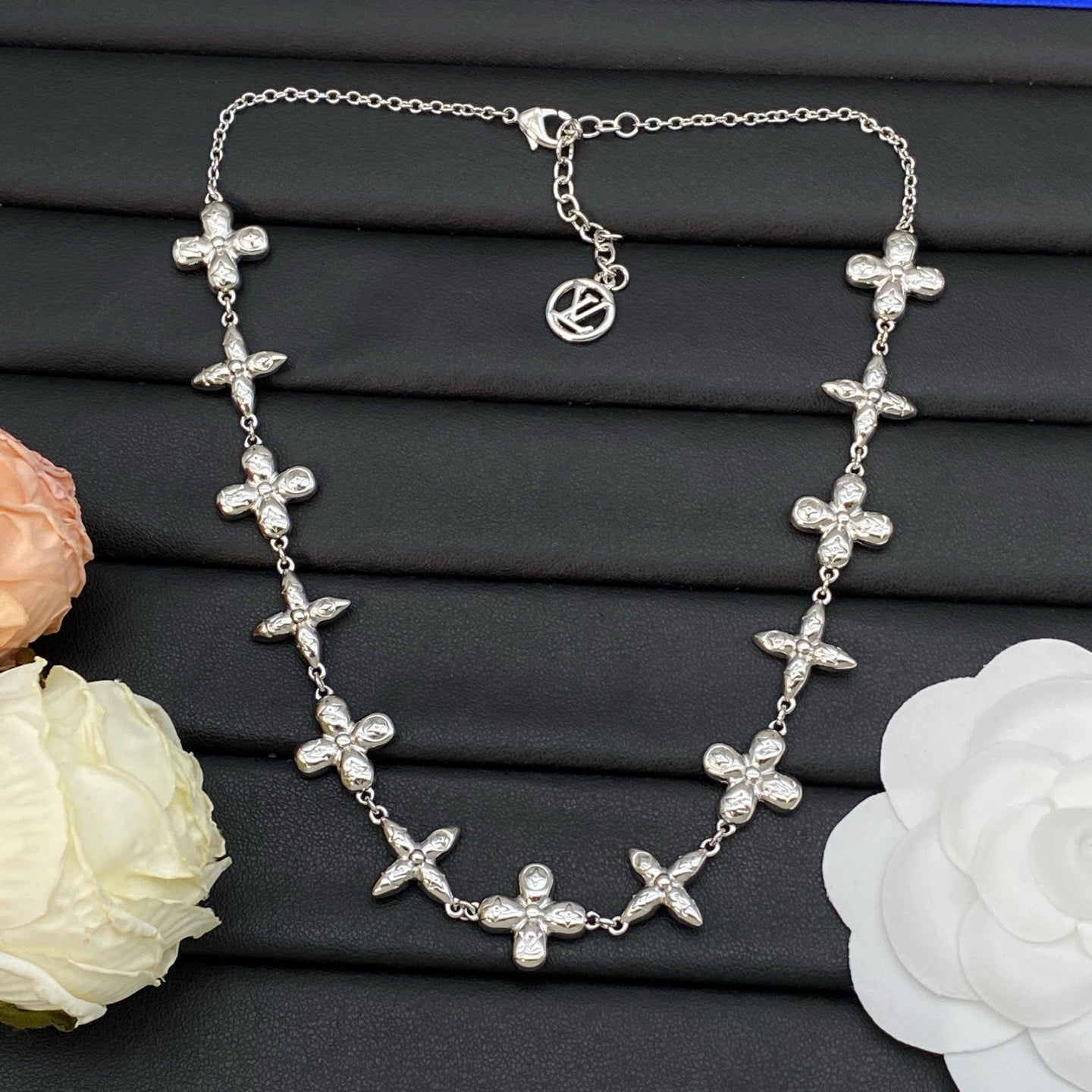 Embossed Four-Petal Flower Station Necklace & Bracelet Set