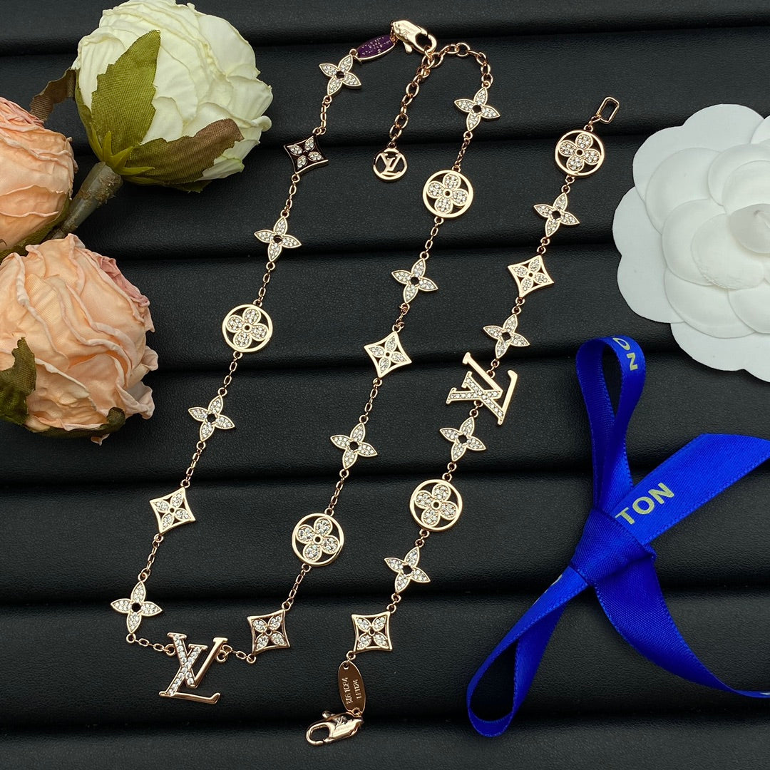 Pavé Four-Petal Flower & Round Coin All-Over Station Long set