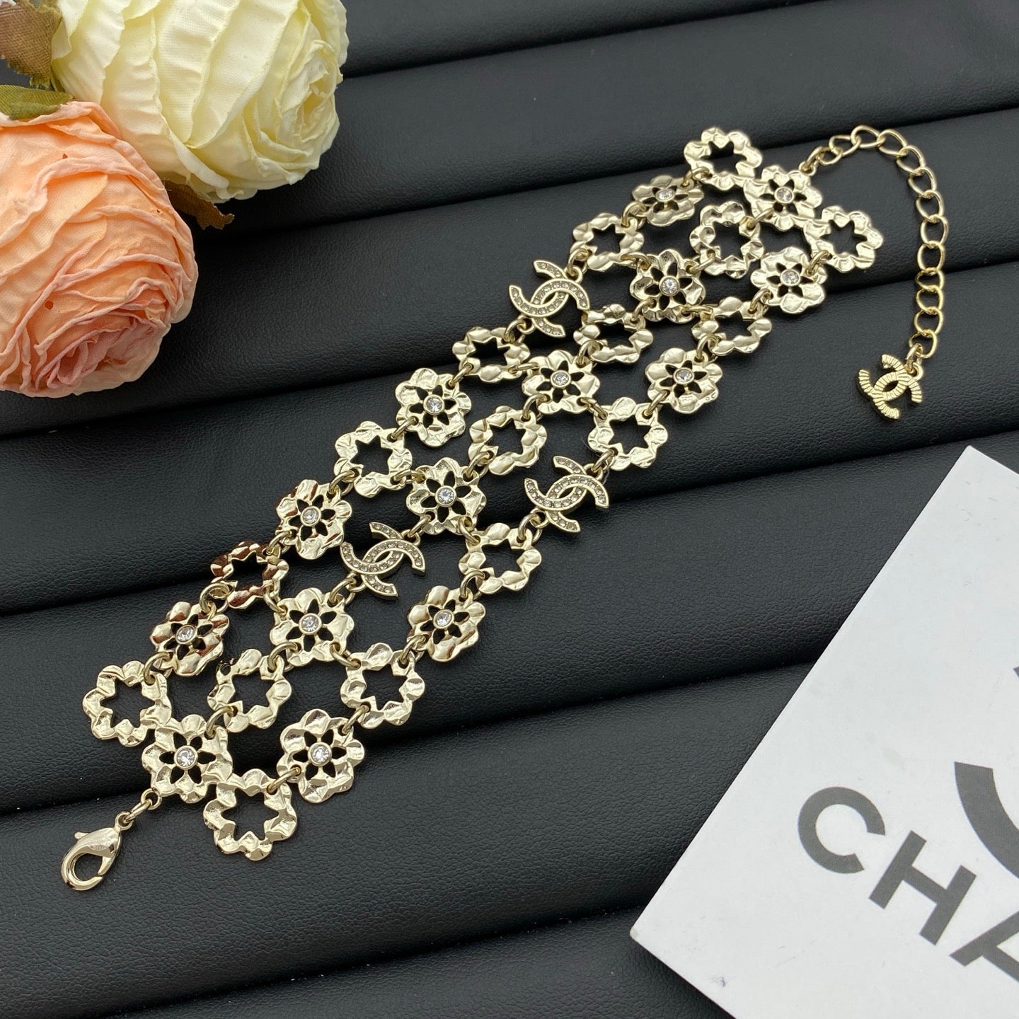Gold Camellia Flower Link Chain Necklace & Bracelet Set