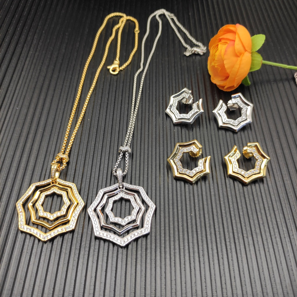 Geometric Octagon Pavé Pendant Necklace & Earring Set