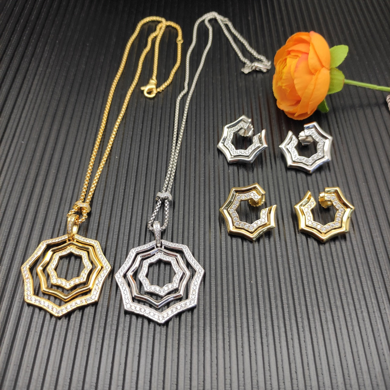 Geometric Octagon Pavé Pendant Necklace & Earring Set
