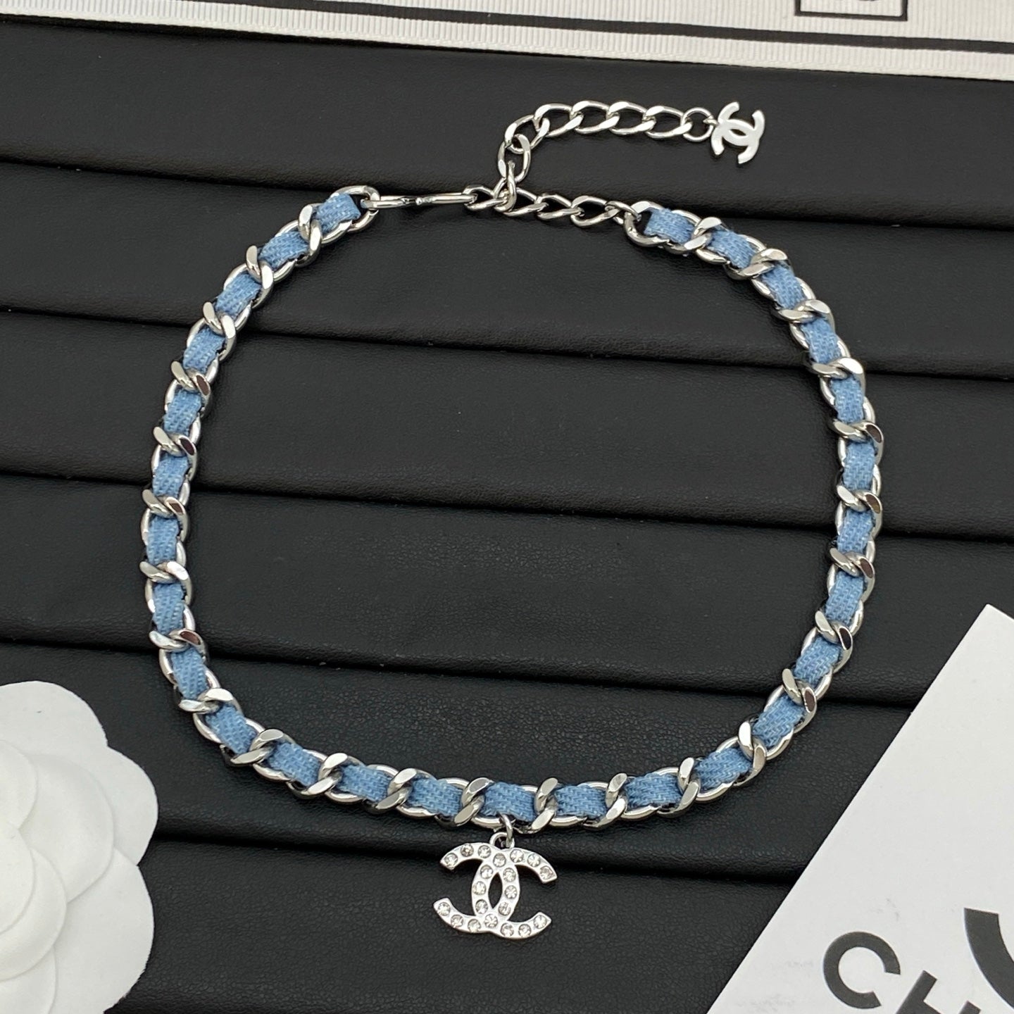 Denim-Woven Cuban Chain Necklace | Crystal Pavé Logo Pendant | Gold & Silver Tone