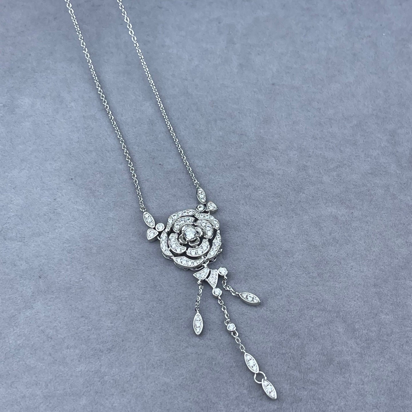 Crystal Pavé Rose Flower Tassel Pendant Necklace