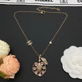 Lion & Leaf Pendant Long Necklace | Pink Crystal Cabochon | Gold & Silver