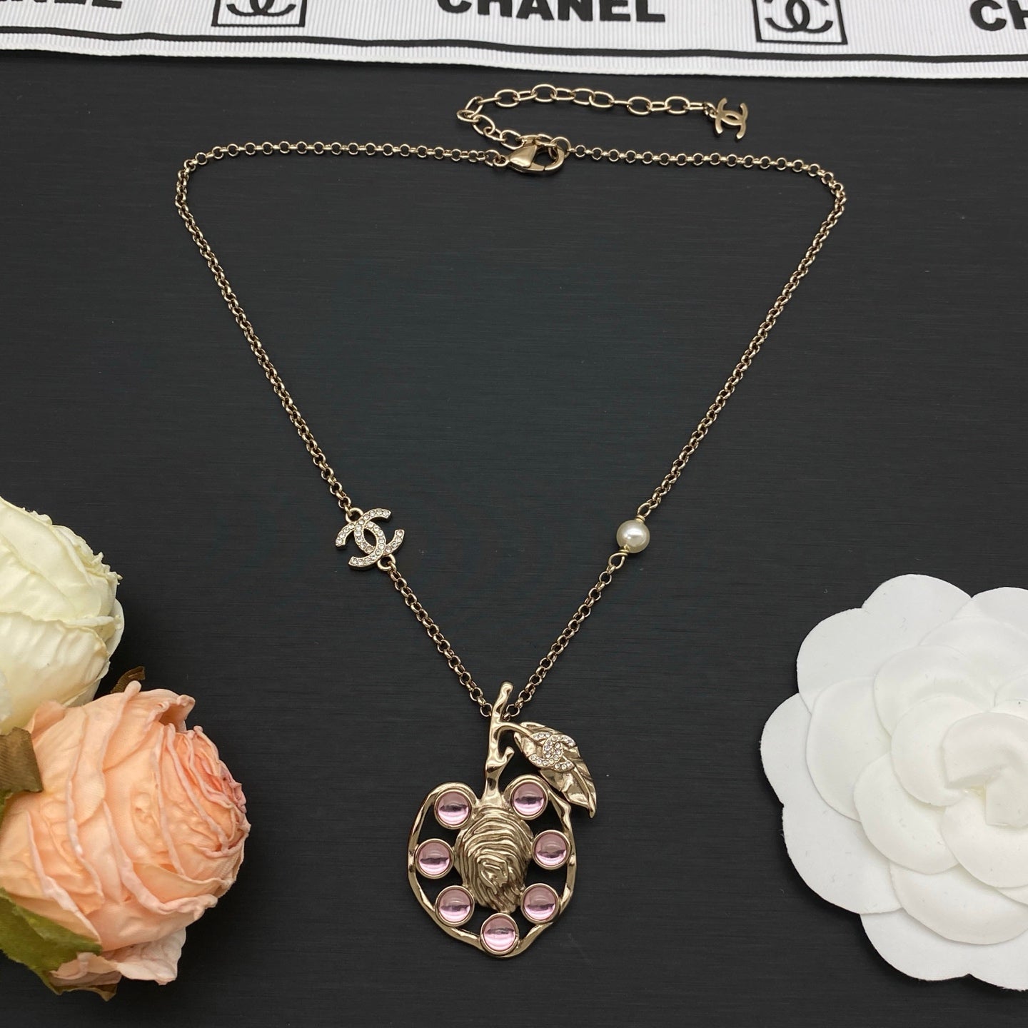 Lion & Leaf Pendant Long Necklace | Pink Crystal Cabochon | Gold & Silver