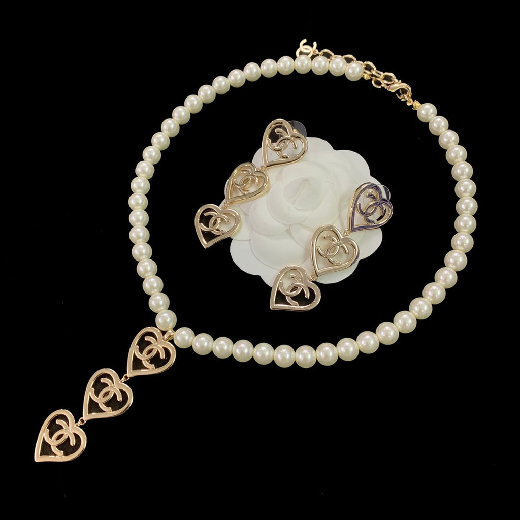 Pearl Strand Cascading Hollow Heart Charm Jewelry Set