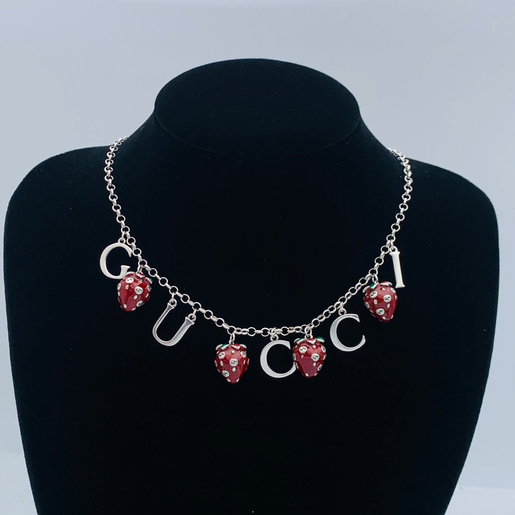 Burgundy Strawberry Jewelry Set with Silver Chain