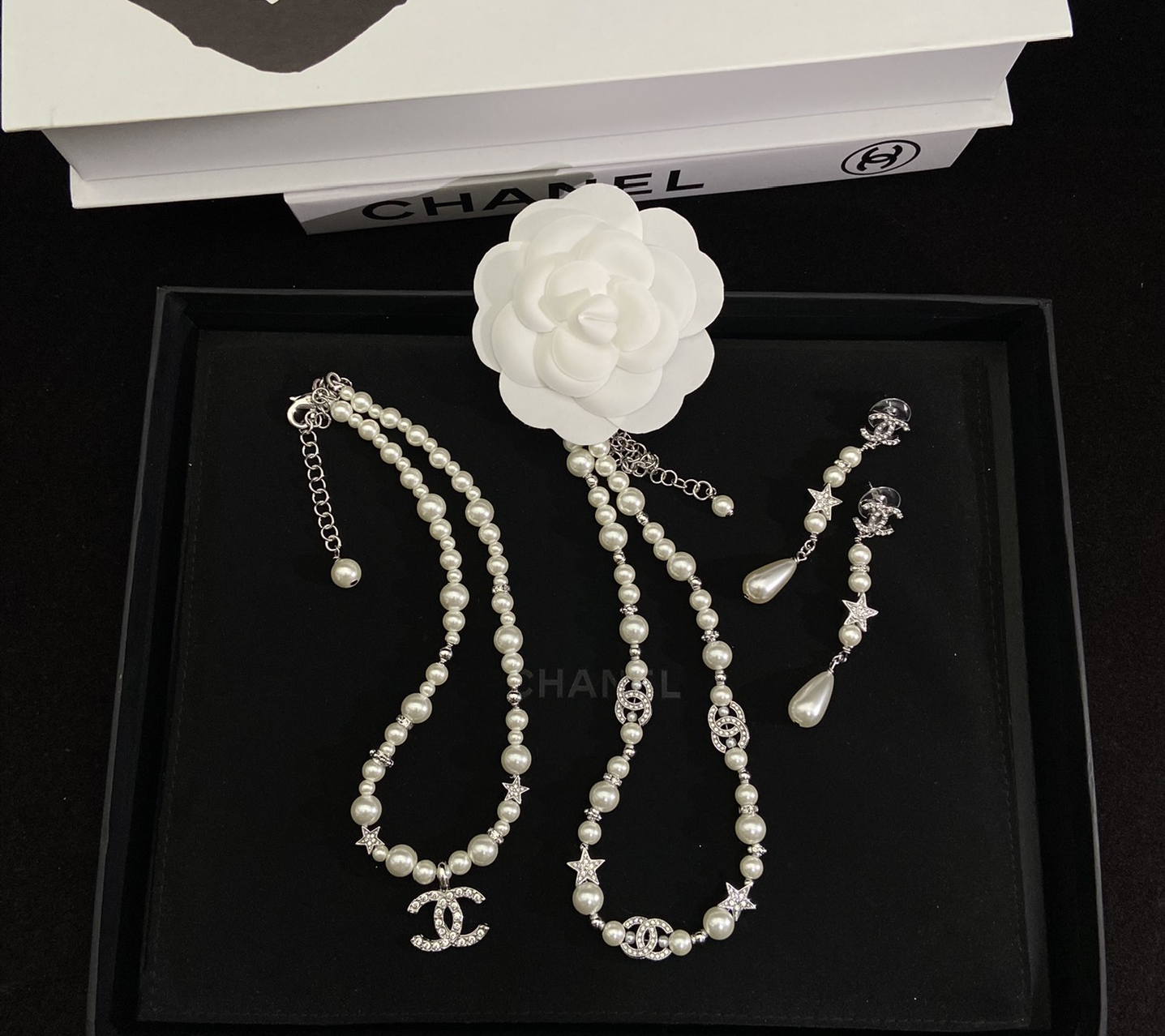 Pearl & Crystal Bow Pendant Necklace & Earrings Set