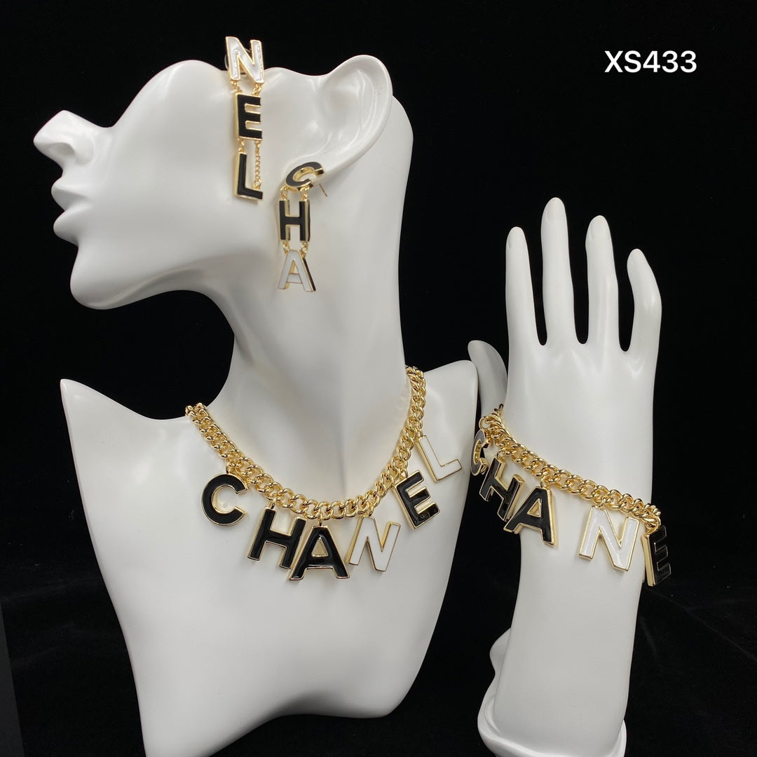 Black & White Enamel Letter Charm Jewelry Set