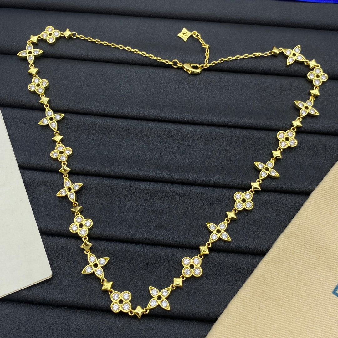 All-Over Pavé Four-Petal Flower & Star Spacer Full Station Long Necklace