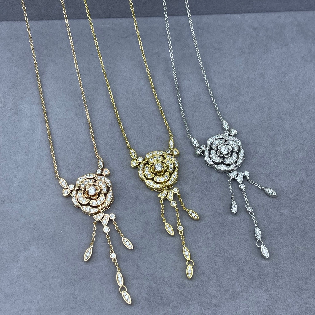Crystal Pavé Rose Flower Tassel Pendant Necklace
