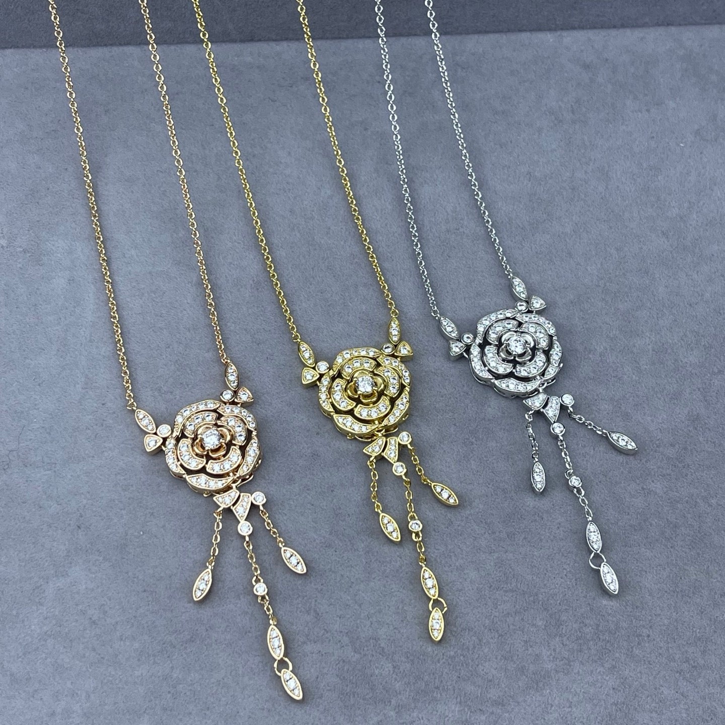 Crystal Pavé Rose Flower Tassel Pendant Necklace