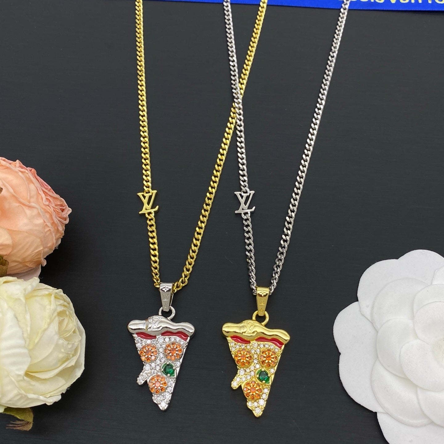 Iced Out Pizza Slice Colorful CZ Charm Cuban Chain Necklace