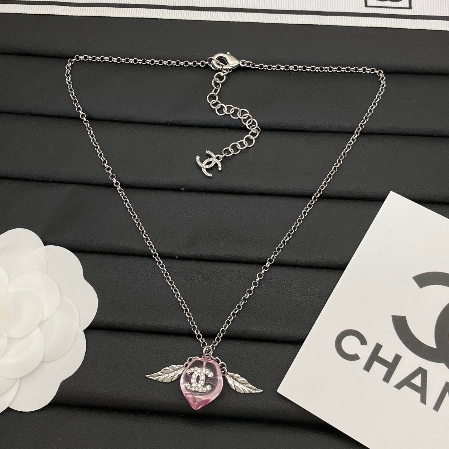 Pink Crystal Heart & Leaf Charm Necklace | Crystal Logo | Gold & Silver Tone