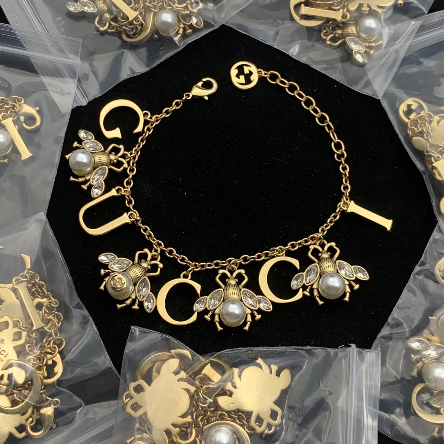 Vintage Gold Letter Bee Pearl Drop Necklace & Bracelet Set
