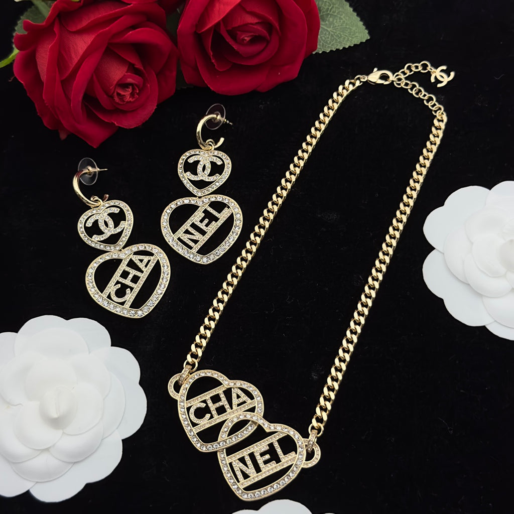 Crystal Letter Split Heart Pendant Necklace & Drop Earring Set – Gold Cuban Link Chain