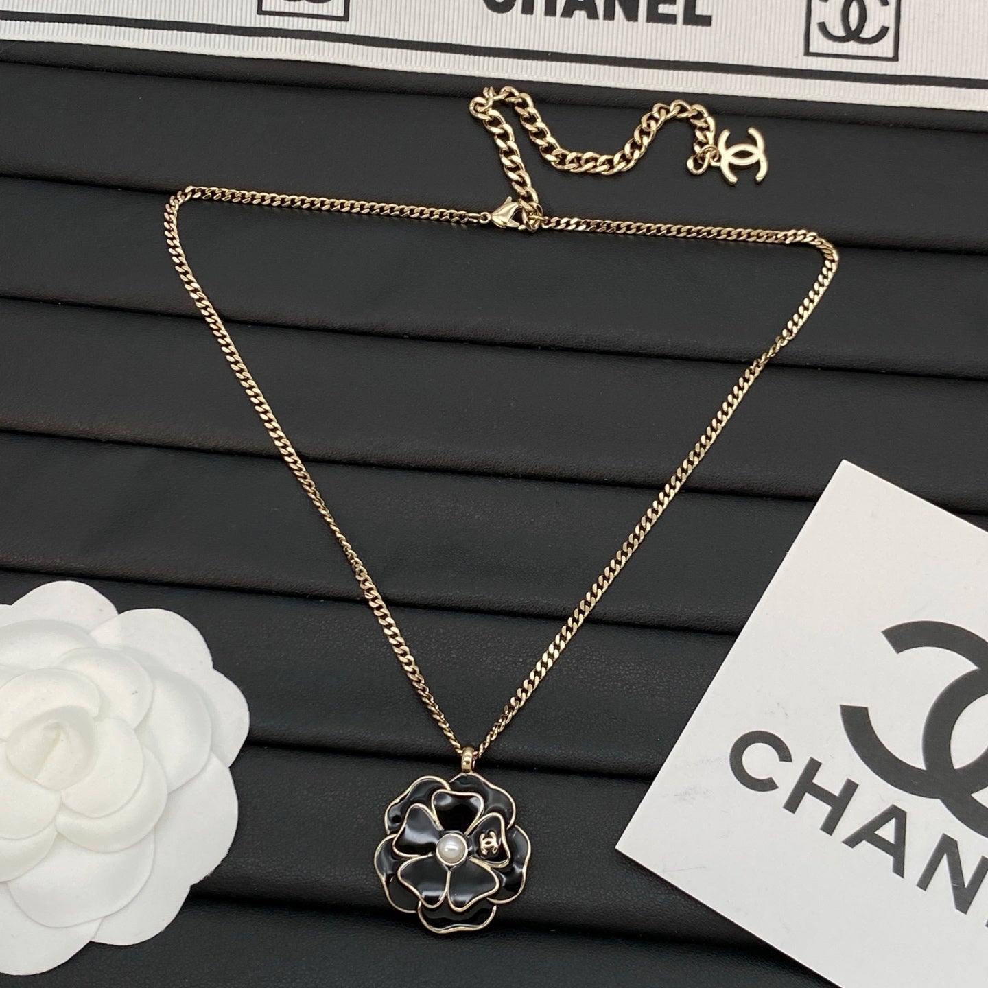 Enamel Camellia Flower Pendant Necklace | Pearl & Logo Center | Curb Chain | Black & Pink