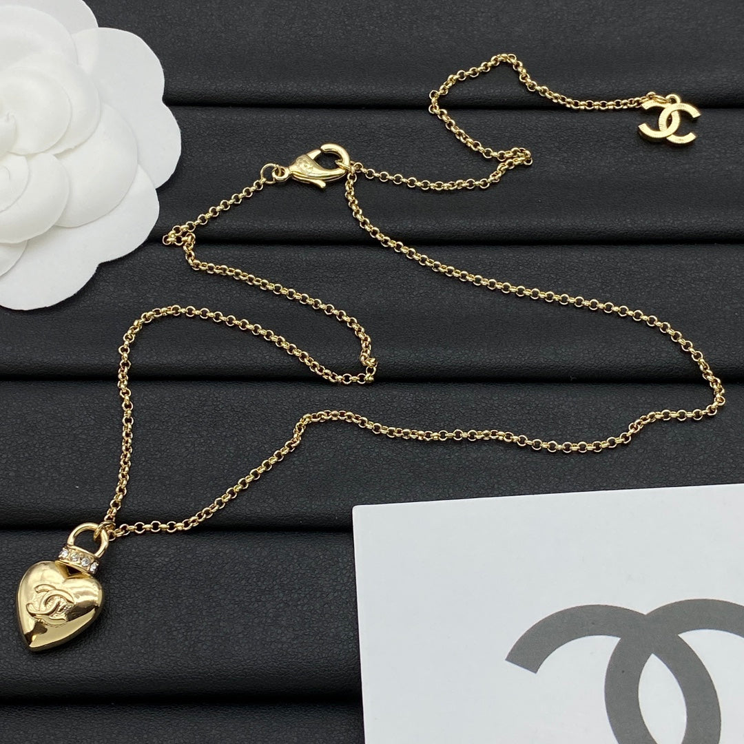 Puffy CC Heart Pendant Double Chain Necklace – Gold & Silver