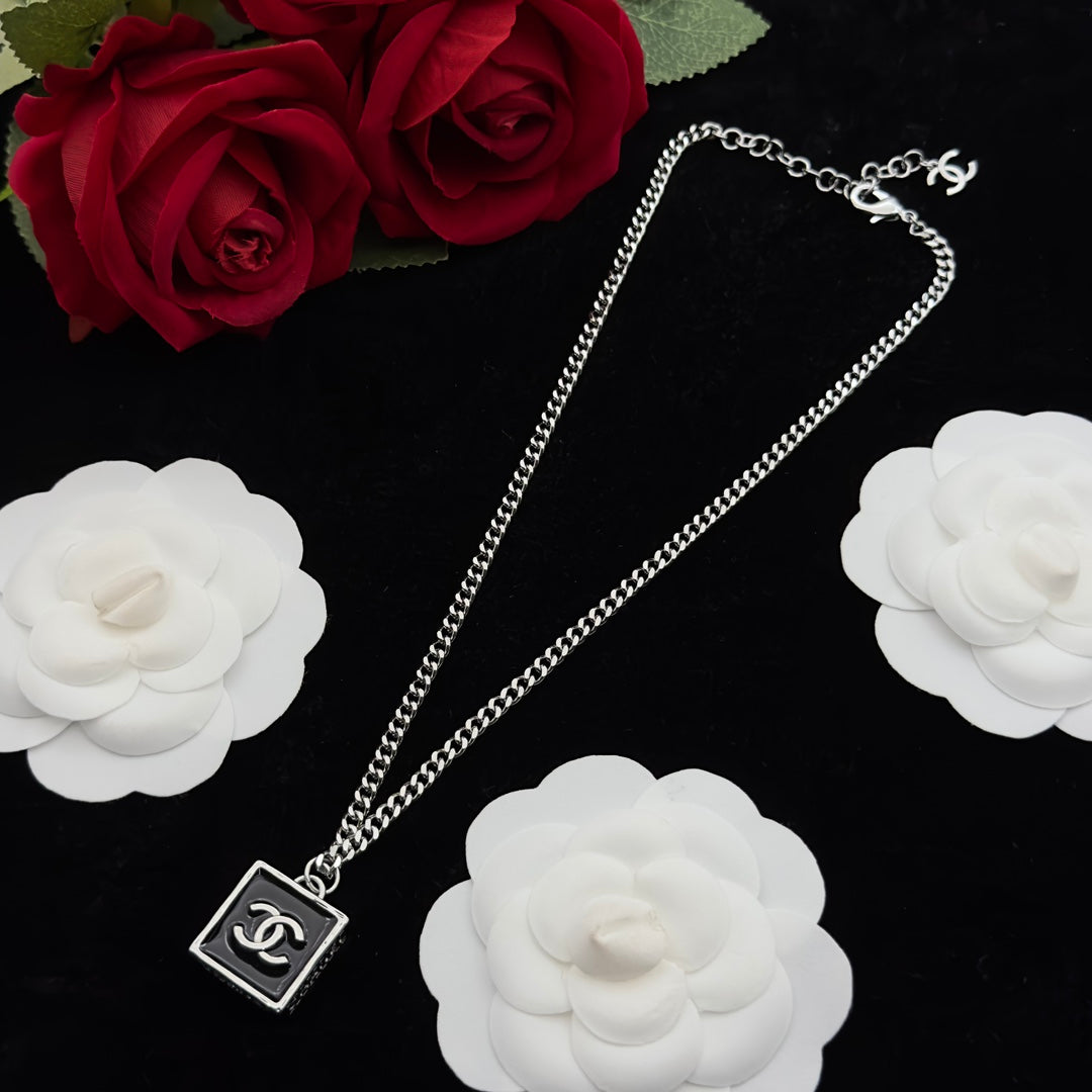 Black Enamel Square Pendant Curb Chain Necklace