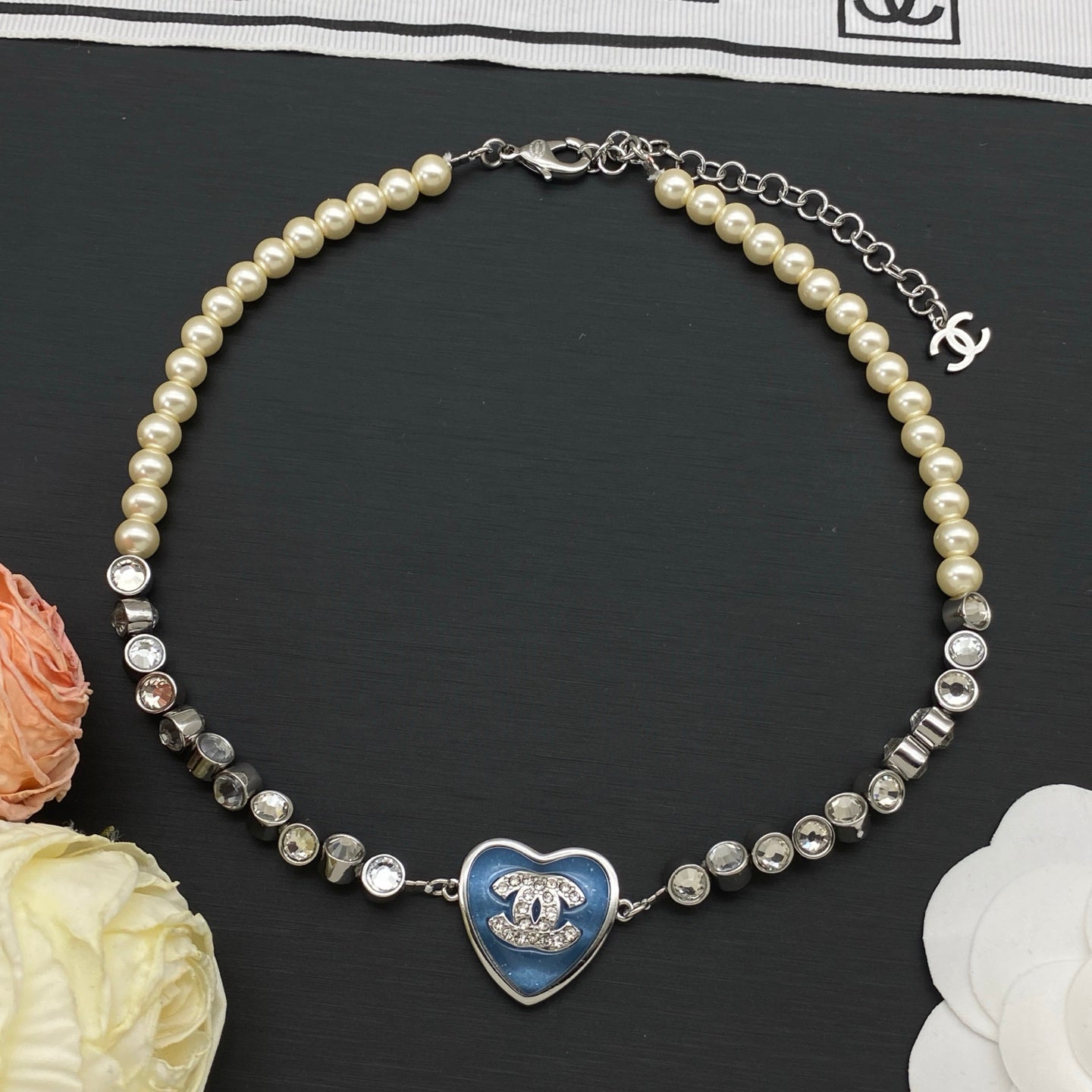 Pearl & Crystal Station Heart Pendant Necklace