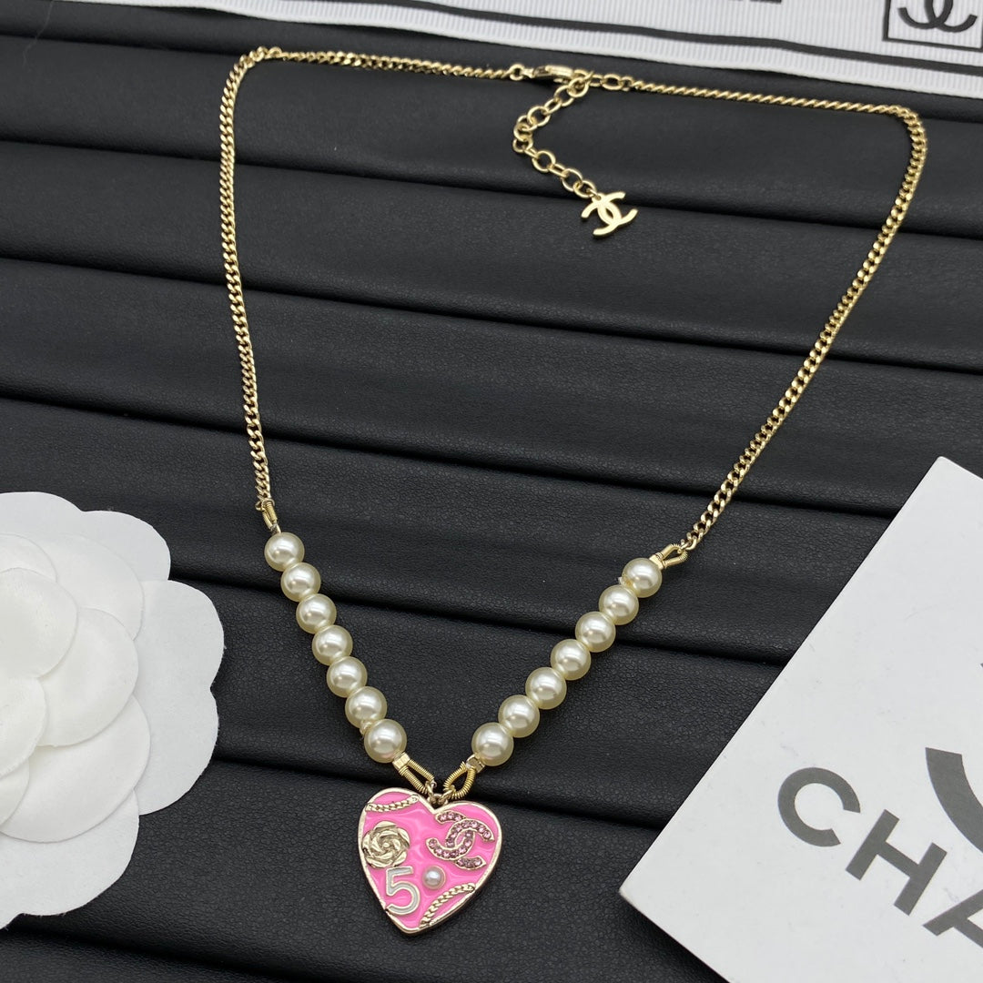 Enamel Heart No.5 CC Charm Pearl & Chain Long Necklace – Black & Pink