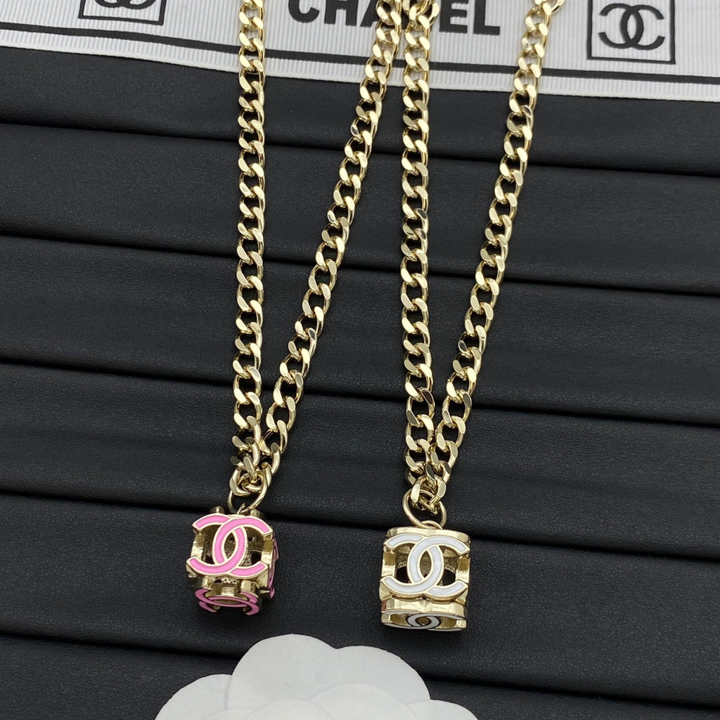 Enamel CC Cylinder Charm Curb Chain Necklace – Pink & White