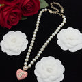 Pink Heart & Pearl Beaded Necklace and Drop Earring Set