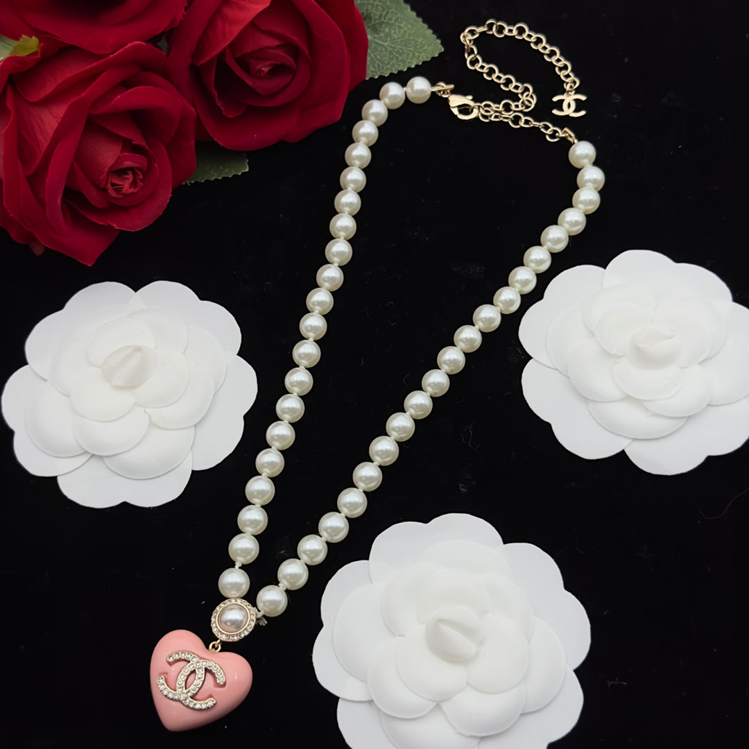 Pink Heart & Pearl Beaded Necklace and Drop Earring Set