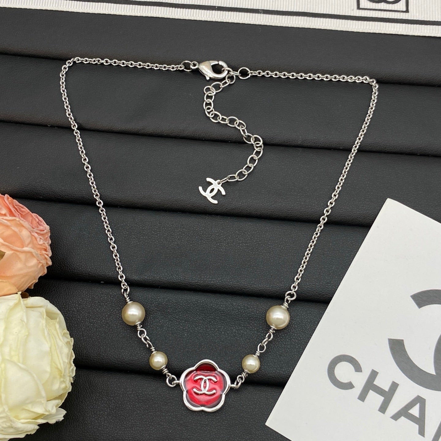 Red Camellia Enamel Pearl Pendant Necklace