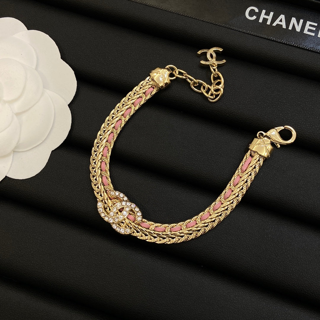Pink Leather-Woven Herringbone Chain Jewelry Set