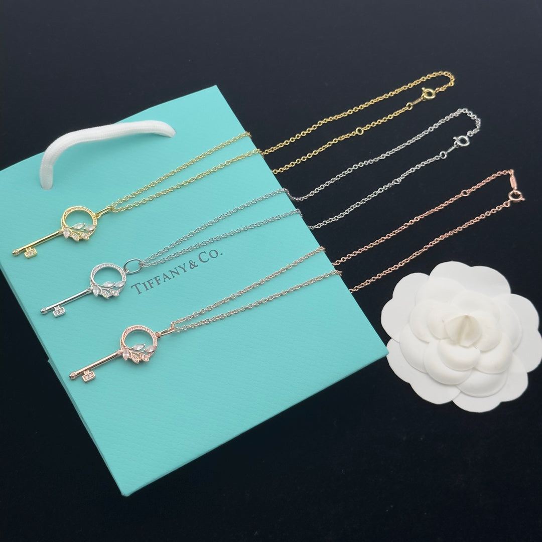 Crystal Circle Olive Leaf Key Pendant Necklace – Gold, Silver & Rose Gold