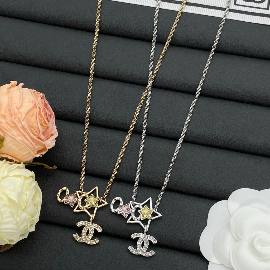 Star Outline & Crystal Charm Pendant Necklace with Colorful Gemstone Accents – Gold & Silver