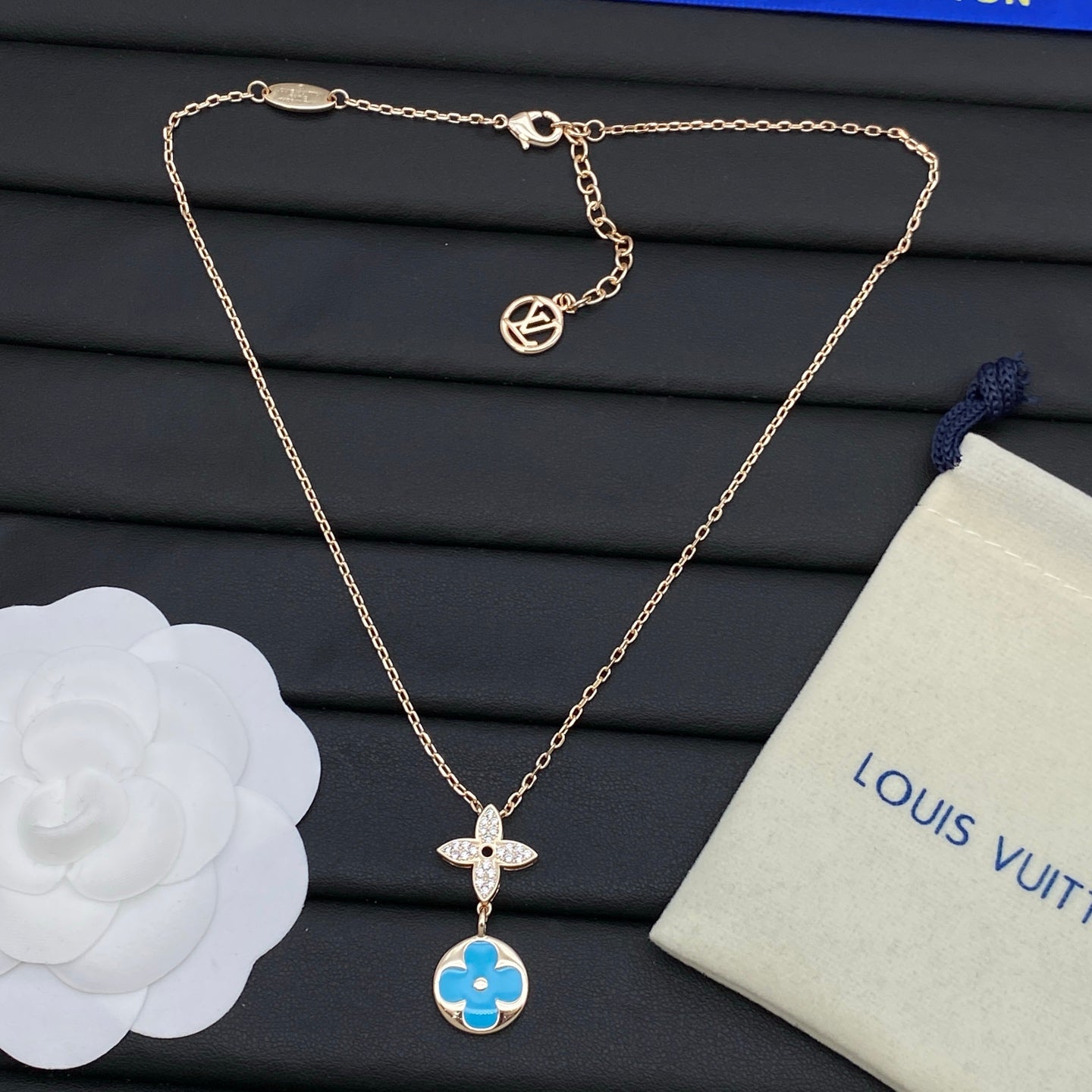 Crystal Four-Petal & Enamel Coin Double Pendant Necklace