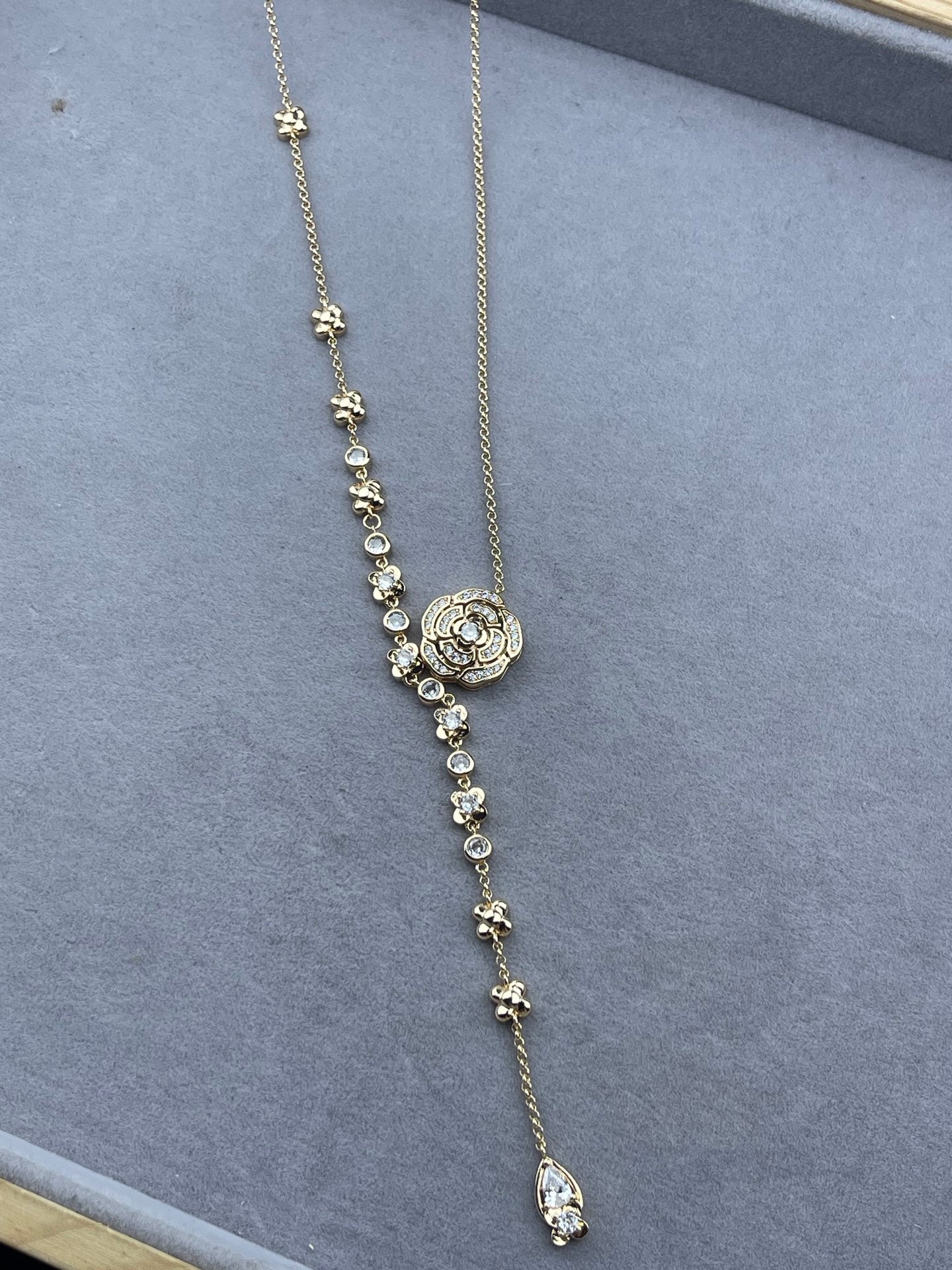 Crystal Pavé Rose Medallion Station Chain Lariat Necklace