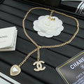 CC Pavé & Pearl Heart Double Charm Curb Chain Necklace – Gold & Silver