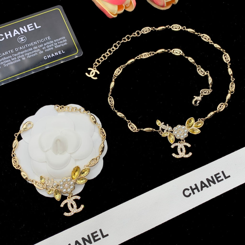 Pearl Floral Cluster & Citrine Leaf Charm Station Chain Necklace & Bracelet Set