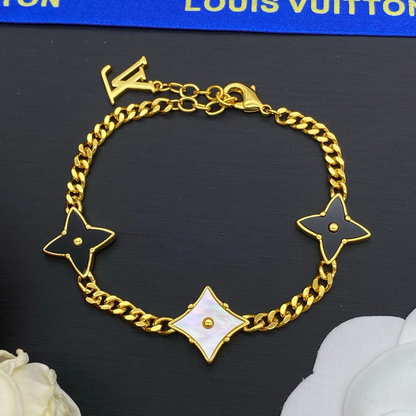 Black & White Enamel Star Flower Cuban Chain Necklace & Bracelet Set