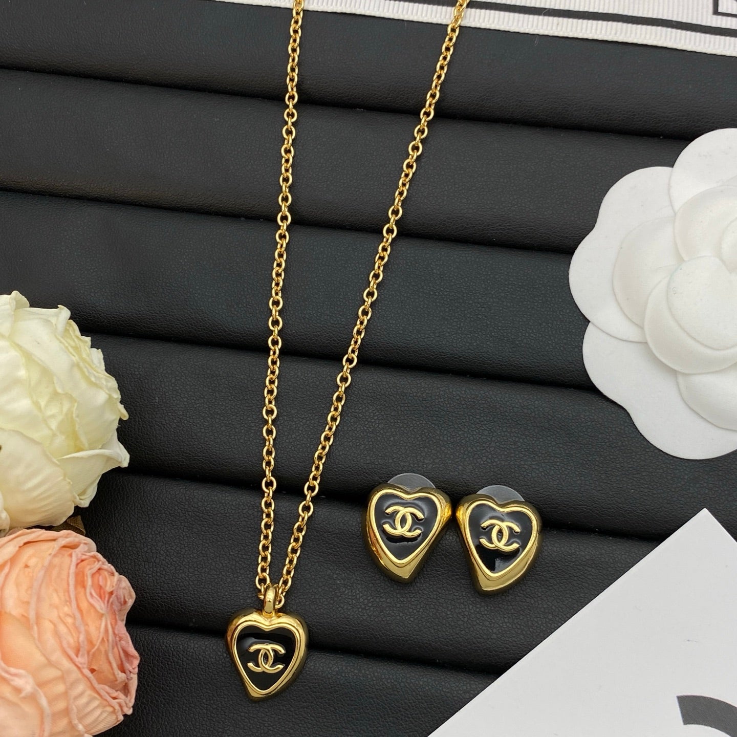Black Enamel Heart Pendant Necklace & Earring Set