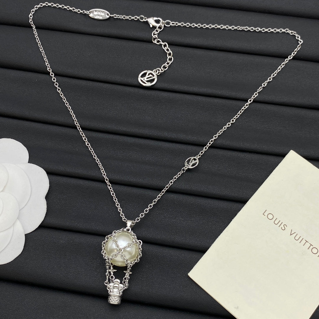 Pearl Hot Air Balloon Chain Cage Pendant Necklace