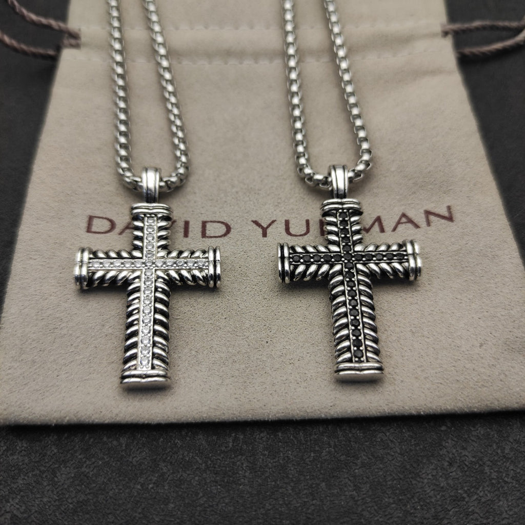 Cable Texture Pavé Cross Pendant Necklace